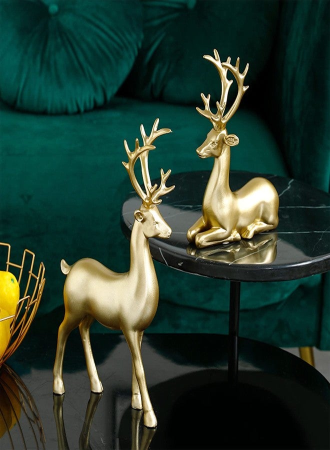Zensounding 2PCS Carved elk Statue Resin Ornaments, Christmas Reindeer Fortune Seeking Decoration Modern Retro Art Standing and Sitting Posture, Applicable to Living Room and Bedroom (Pure Gold) - Image 2